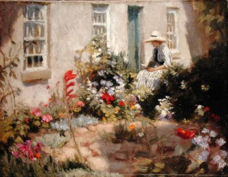 Woman Reading in a Garden, Harold Harvey, 1900